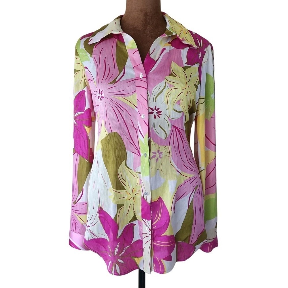 Zara Button Down Shirt Womens Size S Pink Floral Abstract Satin Top Lightweight